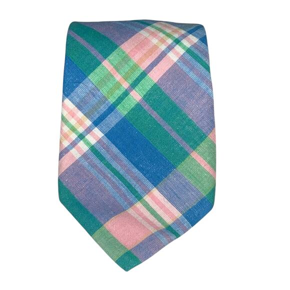 Vtg Saddlebred Neck Tie Blue Pink Green Plaid Cotton 62x3 Sporty Preppy Narrow - Picture 1 of 8